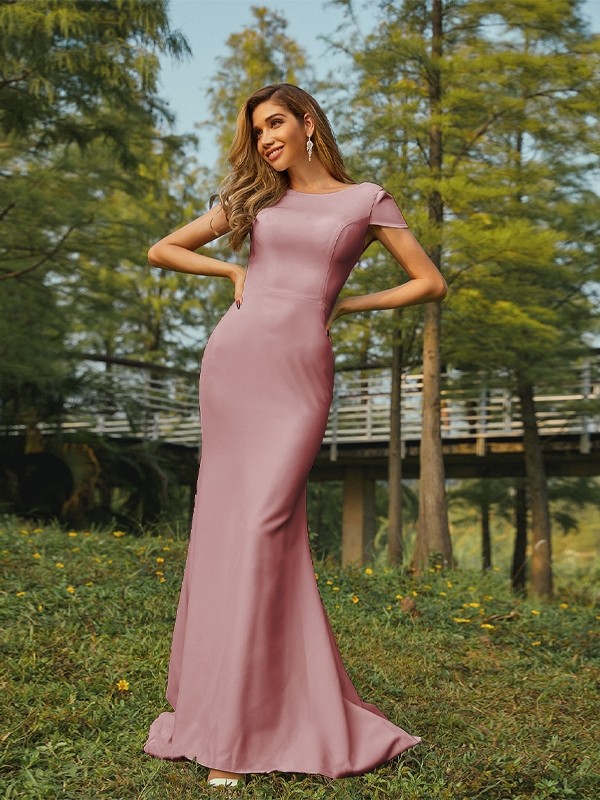 Sheath/Column Stretch Crepe Ruched Scoop Short Sleeves Sweep/Brush Train Bridesmaid Dresses 3174