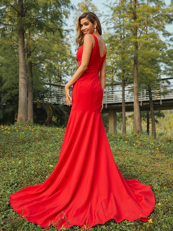 Sheath/Column Stretch Crepe Ruffles V-neck Sleeveless Sweep/Brush Train Bridesmaid Dresses 3196