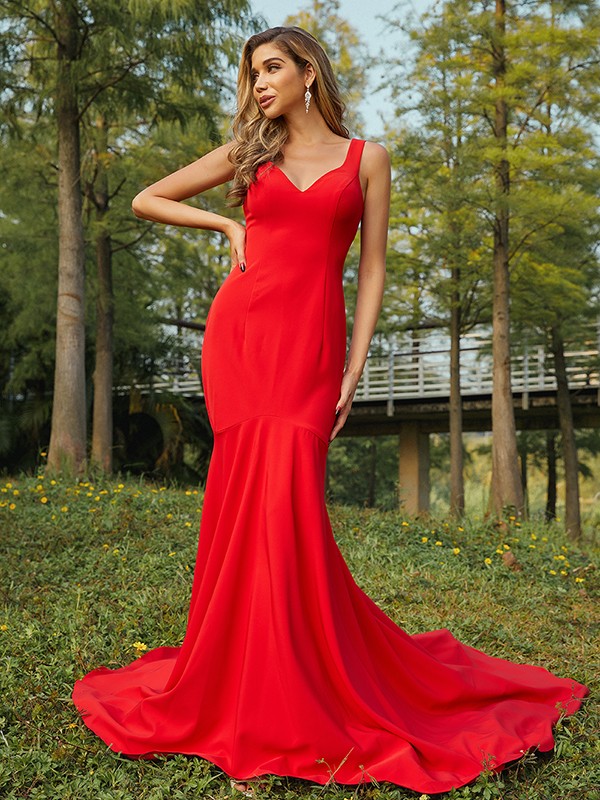 Sheath/Column Stretch Crepe Ruffles V-neck Sleeveless Sweep/Brush Train Bridesmaid Dresses 3196