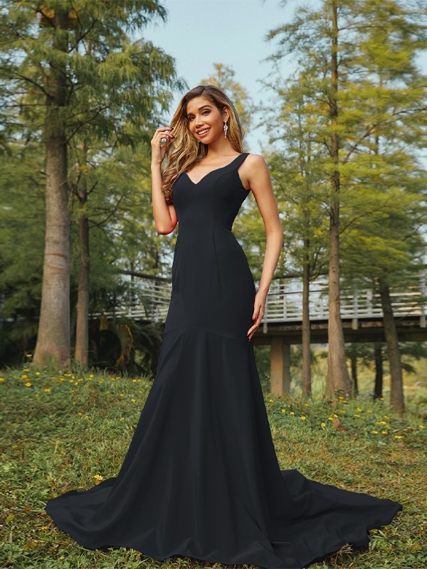 Sheath/Column Stretch Crepe Ruffles V-neck Sleeveless Sweep/Brush Train Bridesmaid Dresses 3196