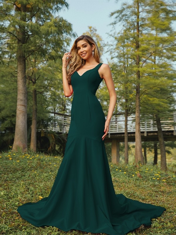 Sheath/Column Stretch Crepe Ruffles V-neck Sleeveless Sweep/Brush Train Bridesmaid Dresses 3196