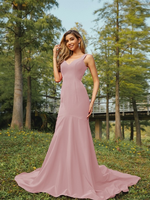 Sheath/Column Stretch Crepe Ruffles V-neck Sleeveless Sweep/Brush Train Bridesmaid Dresses 3196