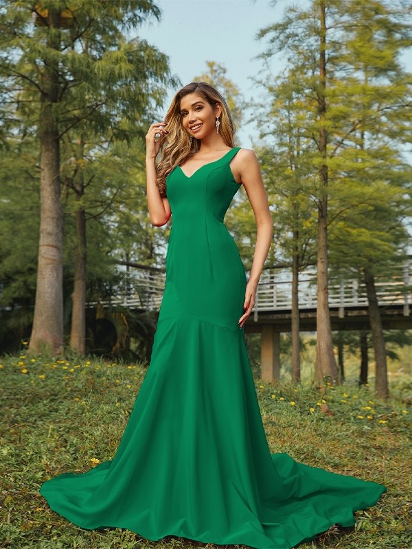 Sheath/Column Stretch Crepe Ruffles V-neck Sleeveless Sweep/Brush Train Bridesmaid Dresses 3196