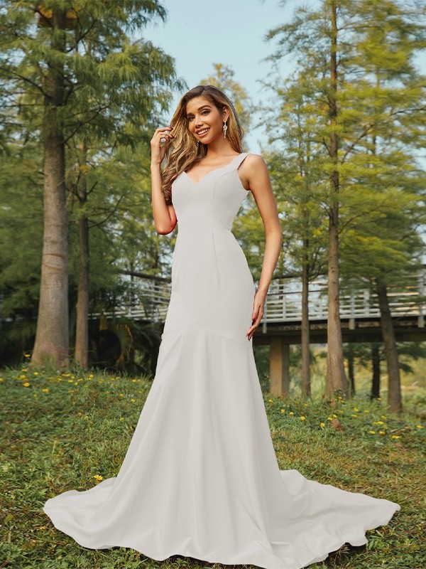 Sheath/Column Stretch Crepe Ruffles V-neck Sleeveless Sweep/Brush Train Bridesmaid Dresses 3196