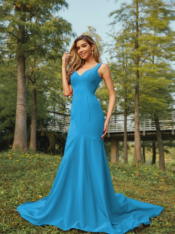 Sheath/Column Stretch Crepe Ruffles V-neck Sleeveless Sweep/Brush Train Bridesmaid Dresses 3196