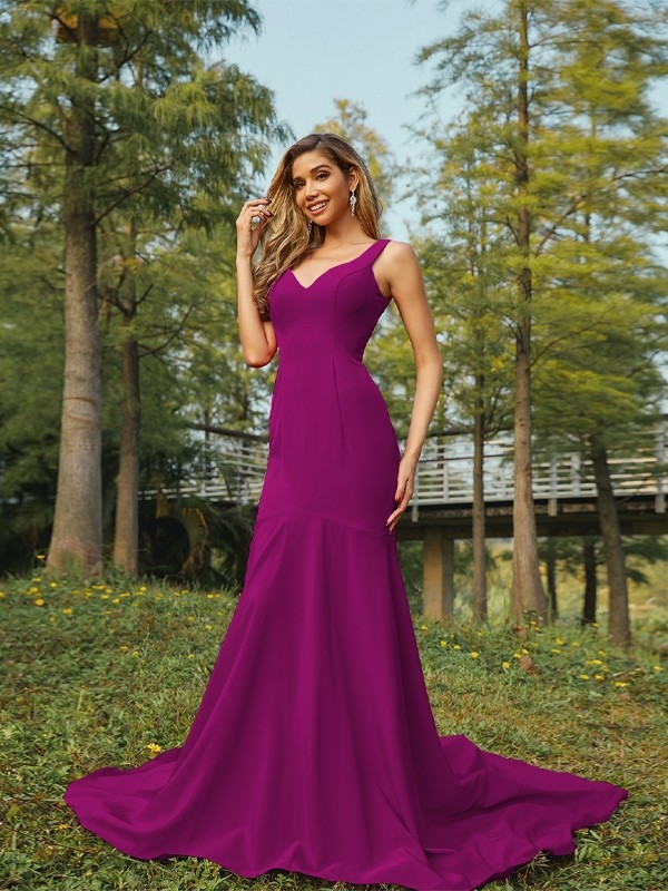 Sheath/Column Stretch Crepe Ruffles V-neck Sleeveless Sweep/Brush Train Bridesmaid Dresses 3196