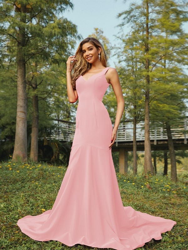 Sheath/Column Stretch Crepe Ruffles V-neck Sleeveless Sweep/Brush Train Bridesmaid Dresses 3196