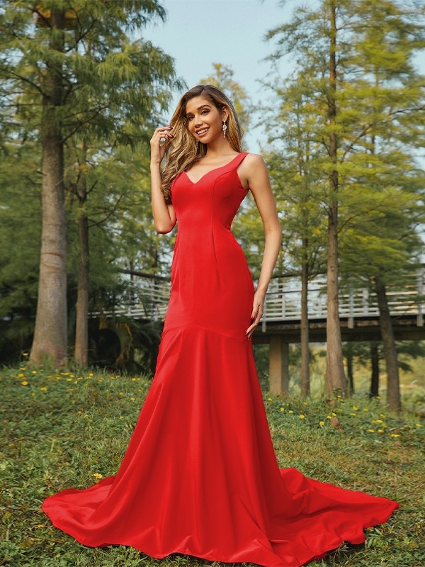 Sheath/Column Stretch Crepe Ruffles V-neck Sleeveless Sweep/Brush Train Bridesmaid Dresses 3196