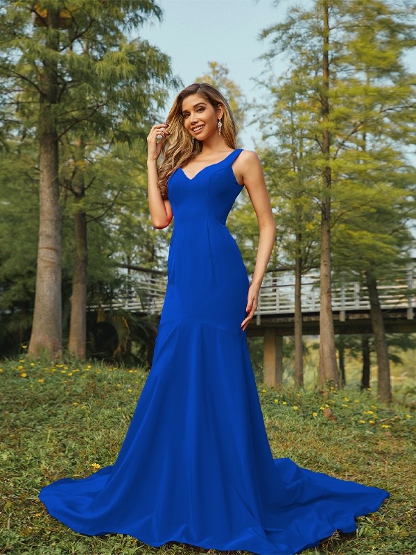 Sheath/Column Stretch Crepe Ruffles V-neck Sleeveless Sweep/Brush Train Bridesmaid Dresses 3196