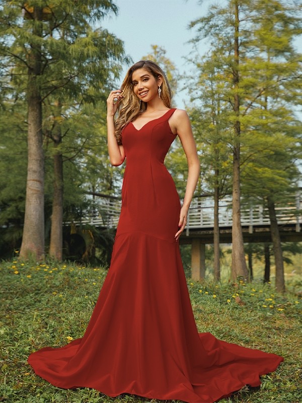 Sheath/Column Stretch Crepe Ruffles V-neck Sleeveless Sweep/Brush Train Bridesmaid Dresses 3196