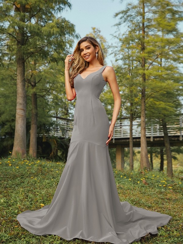 Sheath/Column Stretch Crepe Ruffles V-neck Sleeveless Sweep/Brush Train Bridesmaid Dresses 3196