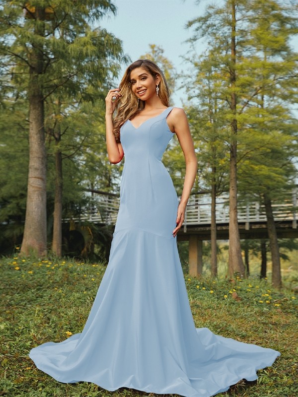 Sheath/Column Stretch Crepe Ruffles V-neck Sleeveless Sweep/Brush Train Bridesmaid Dresses 3196