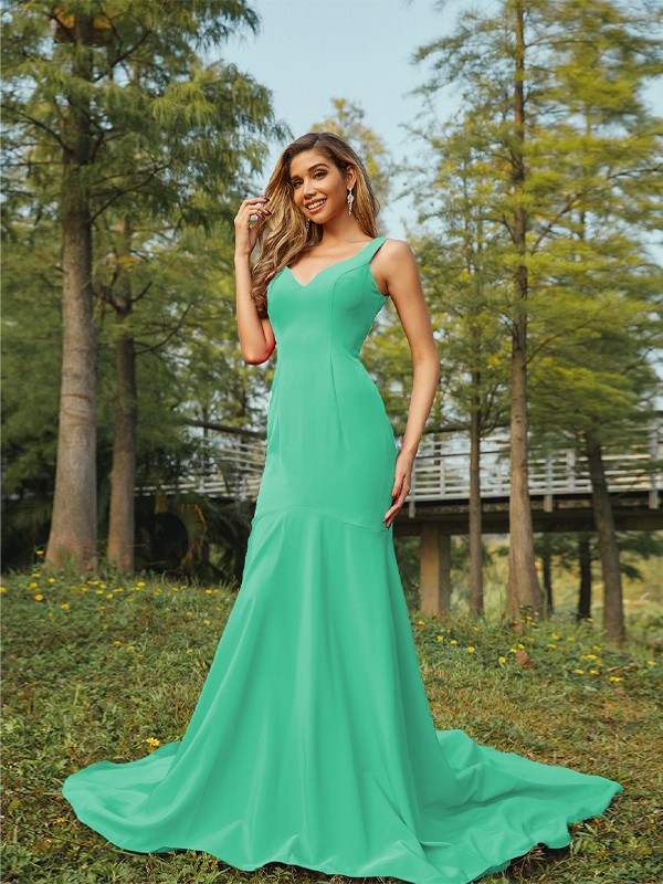 Sheath/Column Stretch Crepe Ruffles V-neck Sleeveless Sweep/Brush Train Bridesmaid Dresses 3196