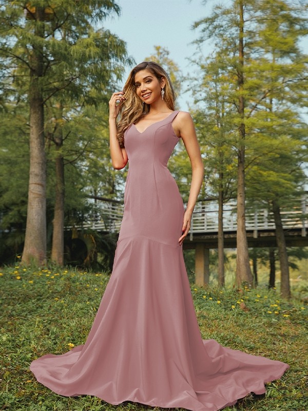 Sheath/Column Stretch Crepe Ruffles V-neck Sleeveless Sweep/Brush Train Bridesmaid Dresses 3196