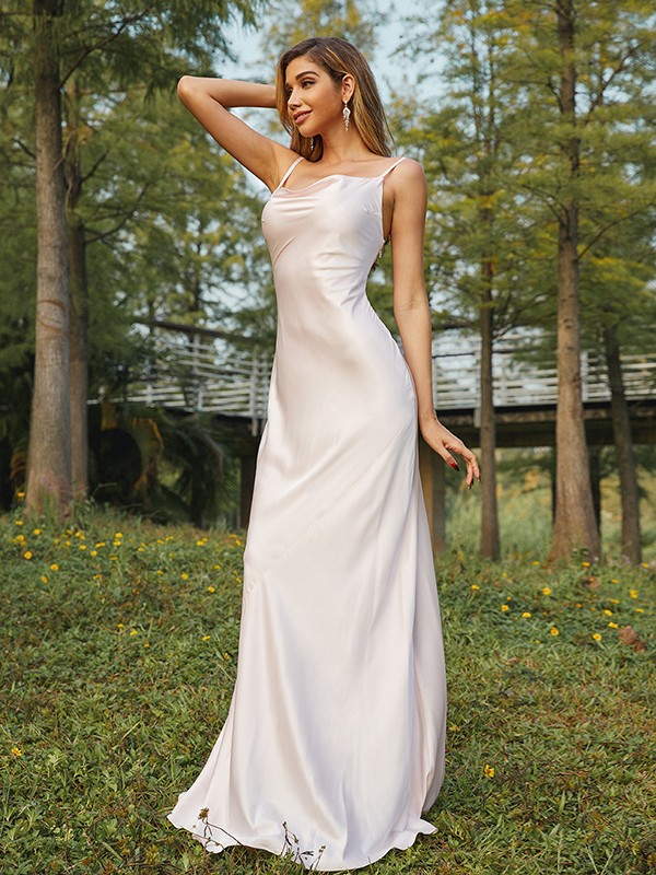 Sheath/Column NS Elastic Woven Satin Ruched Spaghetti Straps Sleeveless Sweep/Brush Train Bridesmaid Dresses 2888