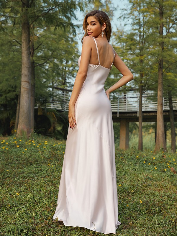 Sheath/Column NS Elastic Woven Satin Ruched Spaghetti Straps Sleeveless Sweep/Brush Train Bridesmaid Dresses 2888