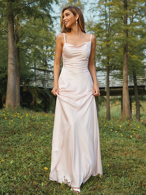 Sheath/Column NS Elastic Woven Satin Ruched Spaghetti Straps Sleeveless Sweep/Brush Train Bridesmaid Dresses 2888