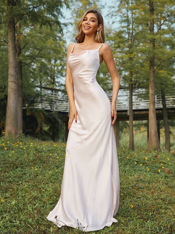 Sheath/Column NS Elastic Woven Satin Ruched Spaghetti Straps Sleeveless Sweep/Brush Train Bridesmaid Dresses 2888