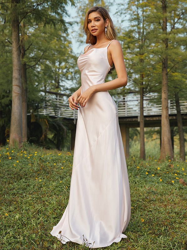 Sheath/Column NS Elastic Woven Satin Ruched Spaghetti Straps Sleeveless Sweep/Brush Train Bridesmaid Dresses 2888