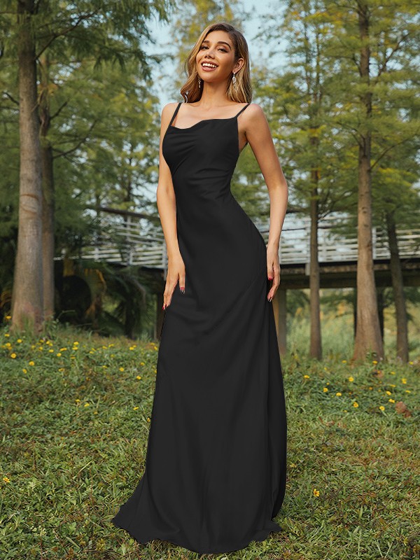 Sheath/Column NS Elastic Woven Satin Ruched Spaghetti Straps Sleeveless Sweep/Brush Train Bridesmaid Dresses 2888