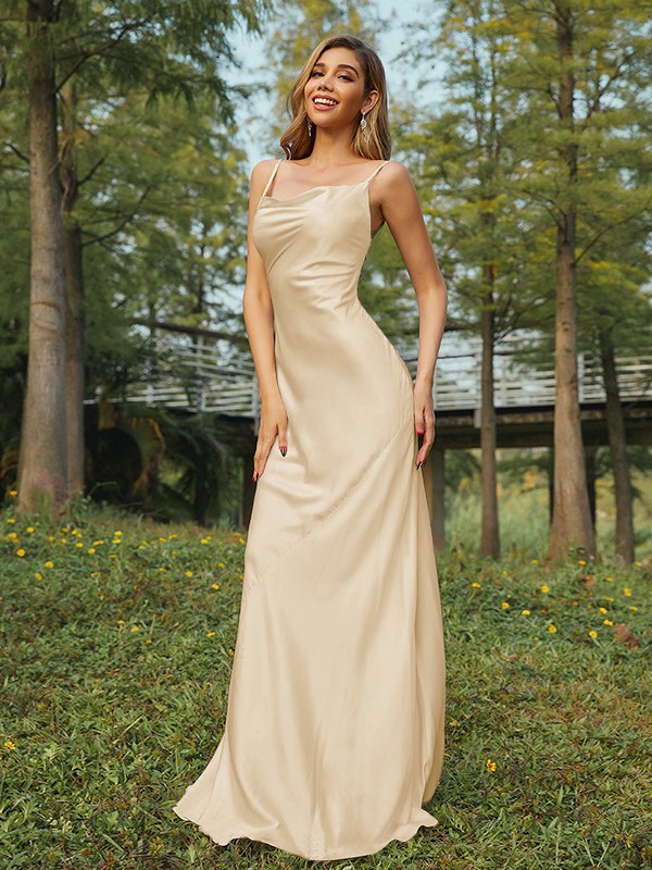 Sheath/Column NS Elastic Woven Satin Ruched Spaghetti Straps Sleeveless Sweep/Brush Train Bridesmaid Dresses 2888