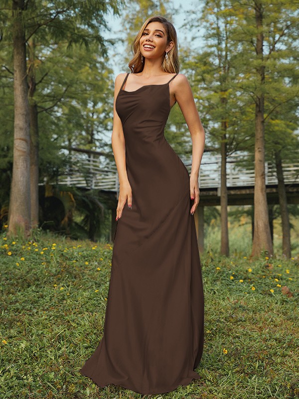 Sheath/Column NS Elastic Woven Satin Ruched Spaghetti Straps Sleeveless Sweep/Brush Train Bridesmaid Dresses 2888