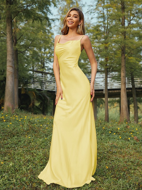 Sheath/Column NS Elastic Woven Satin Ruched Spaghetti Straps Sleeveless Sweep/Brush Train Bridesmaid Dresses 2888