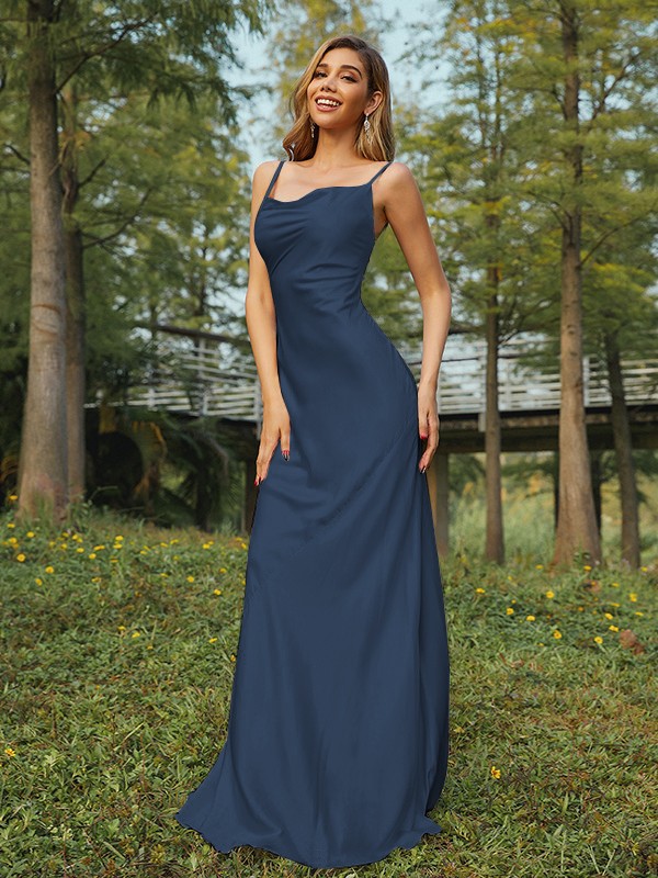 Sheath/Column NS Elastic Woven Satin Ruched Spaghetti Straps Sleeveless Sweep/Brush Train Bridesmaid Dresses 2888