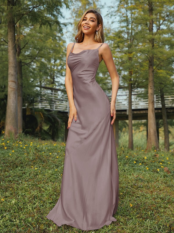 Sheath/Column NS Elastic Woven Satin Ruched Spaghetti Straps Sleeveless Sweep/Brush Train Bridesmaid Dresses 2888