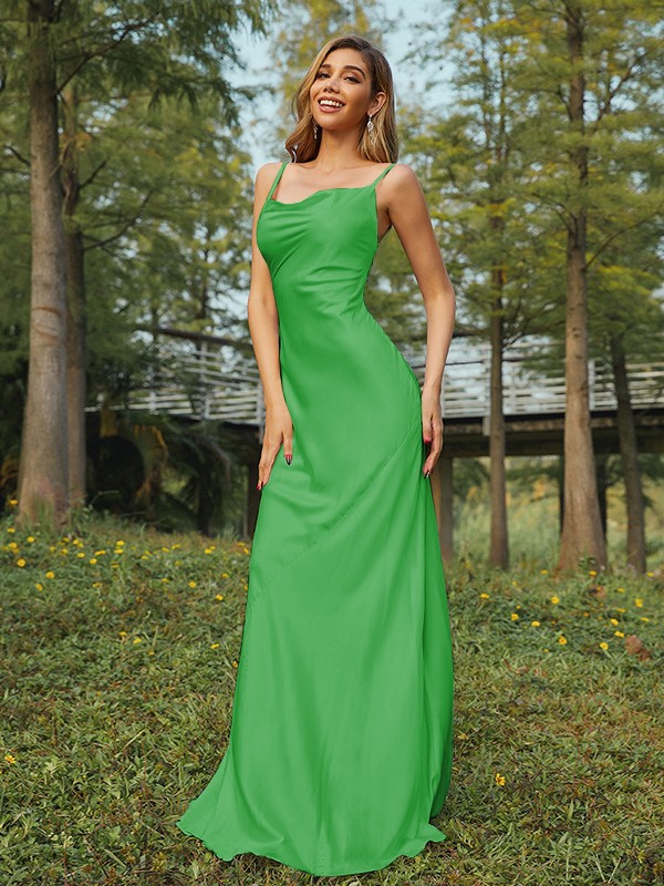 Sheath/Column NS Elastic Woven Satin Ruched Spaghetti Straps Sleeveless Sweep/Brush Train Bridesmaid Dresses 2888