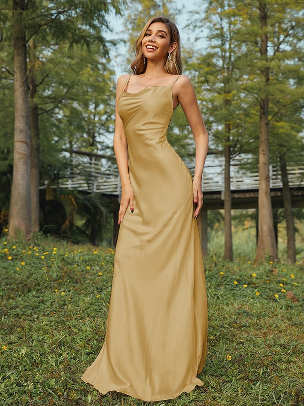 Sheath/Column NS Elastic Woven Satin Ruched Spaghetti Straps Sleeveless Sweep/Brush Train Bridesmaid Dresses 2888