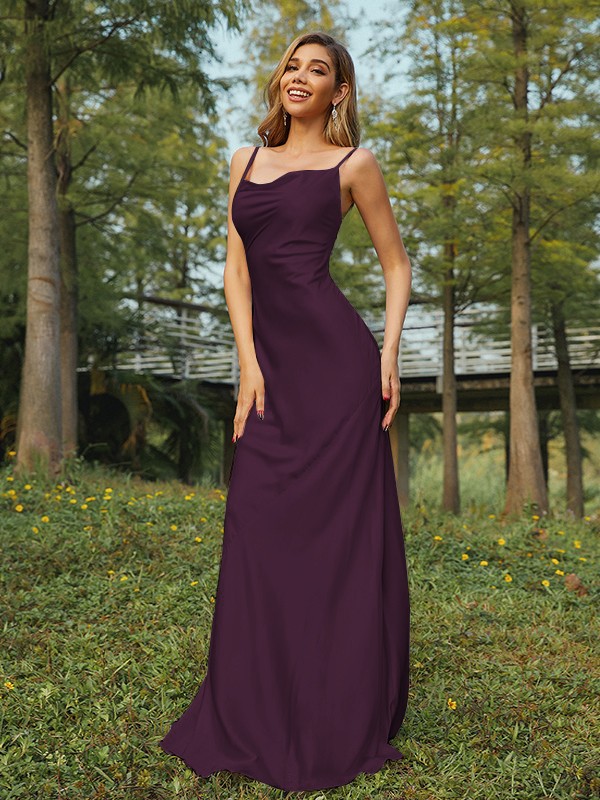 Sheath/Column NS Elastic Woven Satin Ruched Spaghetti Straps Sleeveless Sweep/Brush Train Bridesmaid Dresses 2888