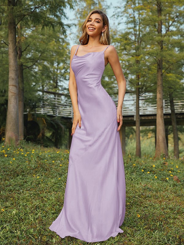 Sheath/Column NS Elastic Woven Satin Ruched Spaghetti Straps Sleeveless Sweep/Brush Train Bridesmaid Dresses 2888