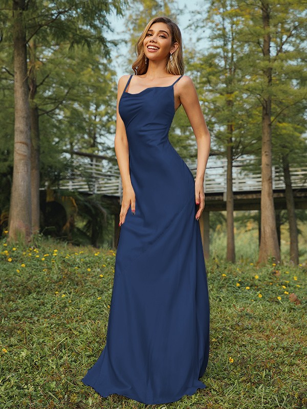 Sheath/Column NS Elastic Woven Satin Ruched Spaghetti Straps Sleeveless Sweep/Brush Train Bridesmaid Dresses 2888