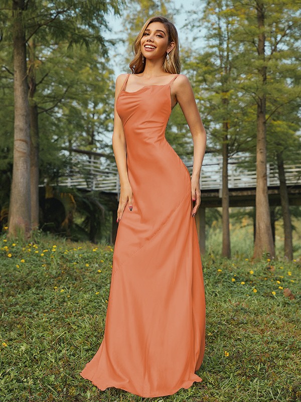 Sheath/Column NS Elastic Woven Satin Ruched Spaghetti Straps Sleeveless Sweep/Brush Train Bridesmaid Dresses 2888