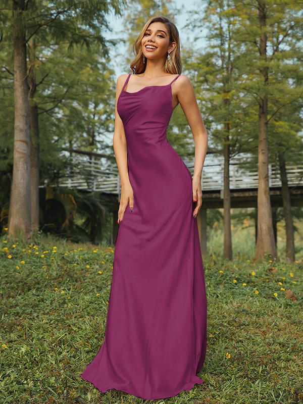 Sheath/Column NS Elastic Woven Satin Ruched Spaghetti Straps Sleeveless Sweep/Brush Train Bridesmaid Dresses 2888