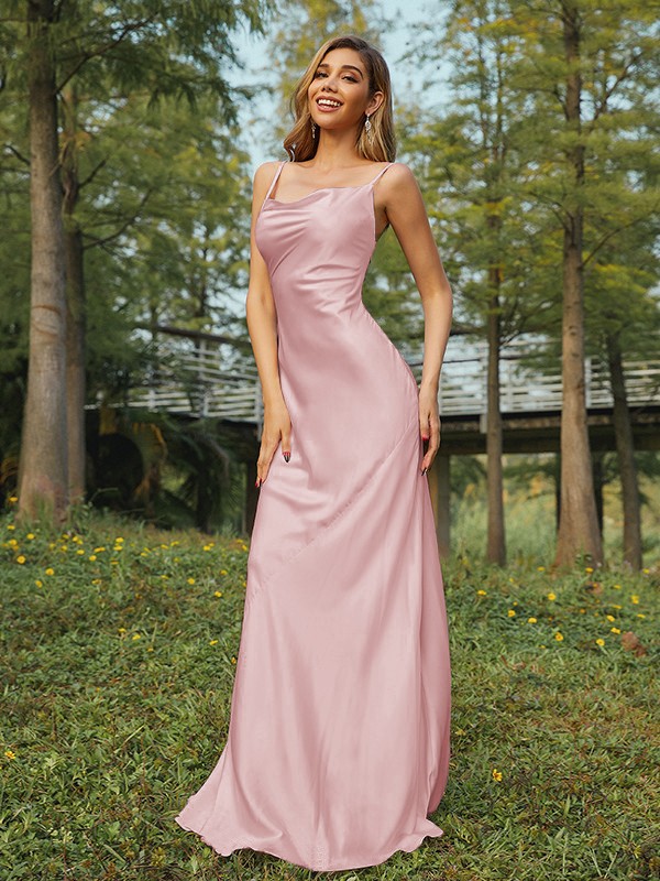 Sheath/Column NS Elastic Woven Satin Ruched Spaghetti Straps Sleeveless Sweep/Brush Train Bridesmaid Dresses 2888