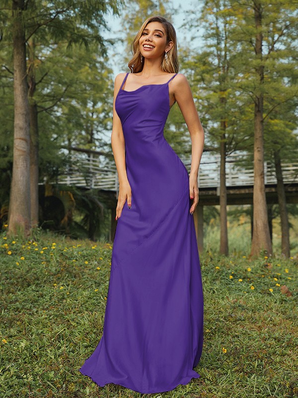 Sheath/Column NS Elastic Woven Satin Ruched Spaghetti Straps Sleeveless Sweep/Brush Train Bridesmaid Dresses 2888