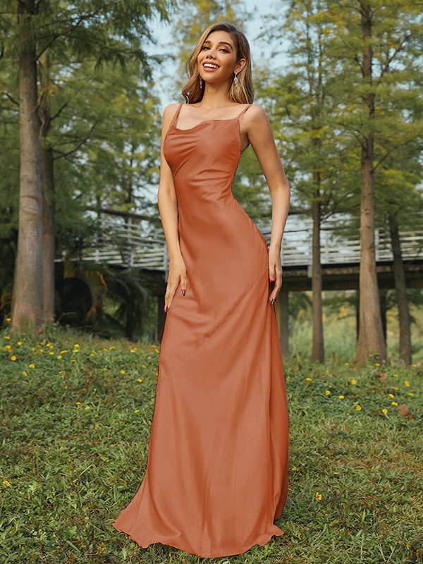 Sheath/Column NS Elastic Woven Satin Ruched Spaghetti Straps Sleeveless Sweep/Brush Train Bridesmaid Dresses 2888