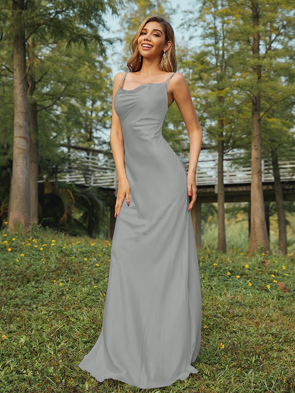 Sheath/Column NS Elastic Woven Satin Ruched Spaghetti Straps Sleeveless Sweep/Brush Train Bridesmaid Dresses 2888