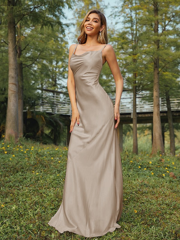 Sheath/Column NS Elastic Woven Satin Ruched Spaghetti Straps Sleeveless Sweep/Brush Train Bridesmaid Dresses 2888