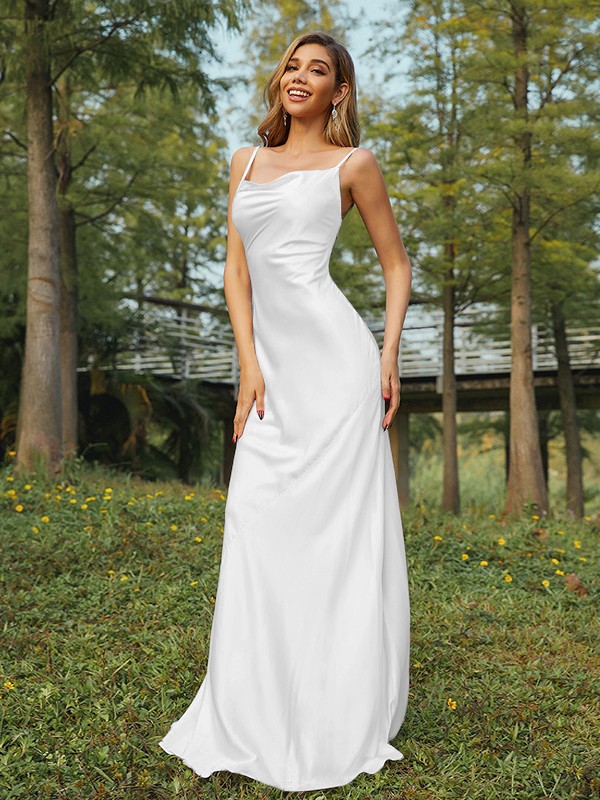 Sheath/Column NS Elastic Woven Satin Ruched Spaghetti Straps Sleeveless Sweep/Brush Train Bridesmaid Dresses 2888