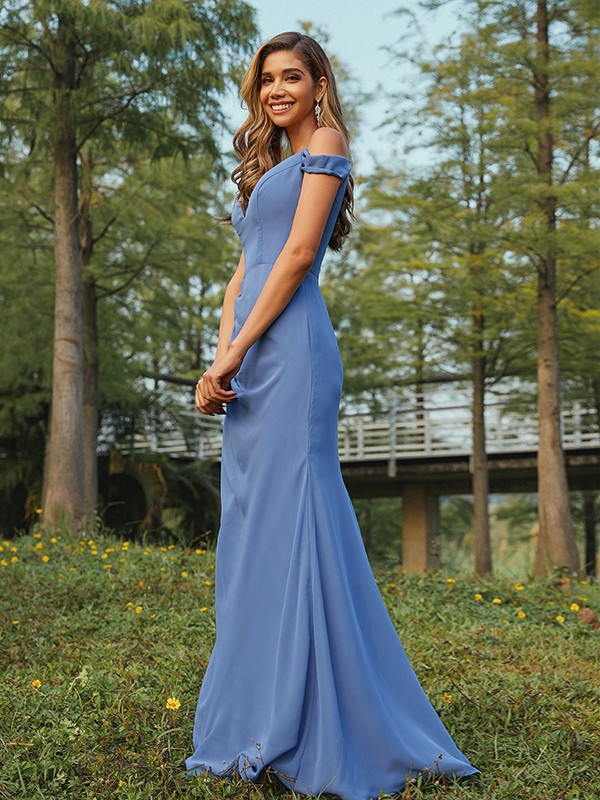 Sheath/Column Chiffon Ruched V-neck Sleeveless Floor-Length Bridesmaid Dresses 2910