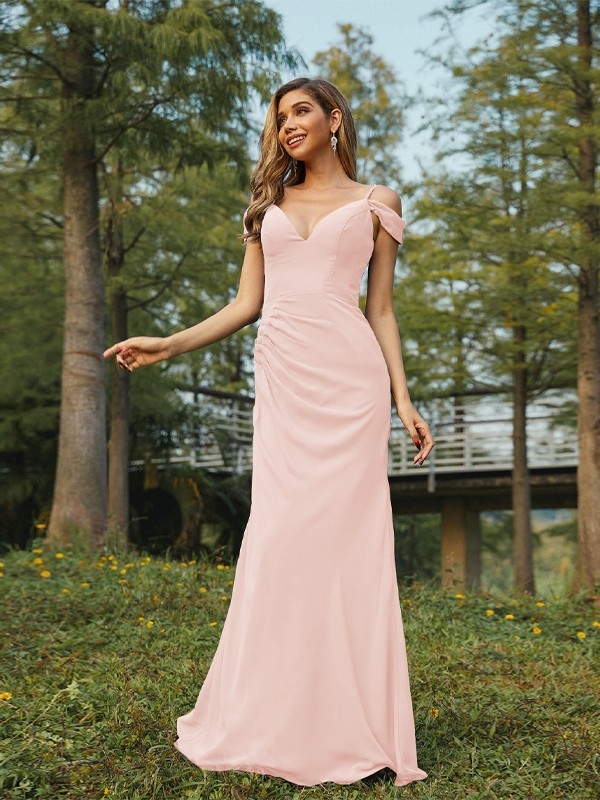 Sheath/Column Chiffon Ruched V-neck Sleeveless Floor-Length Bridesmaid Dresses 2910