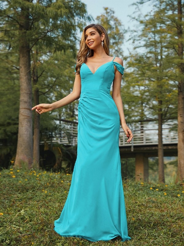 Sheath/Column Chiffon Ruched V-neck Sleeveless Floor-Length Bridesmaid Dresses 2910