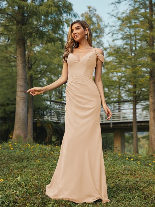 Sheath/Column Chiffon Ruched V-neck Sleeveless Floor-Length Bridesmaid Dresses 2910