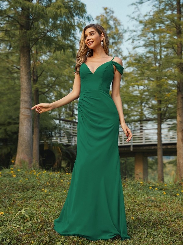 Sheath/Column Chiffon Ruched V-neck Sleeveless Floor-Length Bridesmaid Dresses 2910