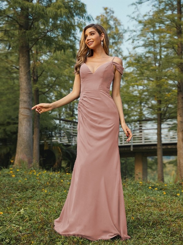 Sheath/Column Chiffon Ruched V-neck Sleeveless Floor-Length Bridesmaid Dresses 2910