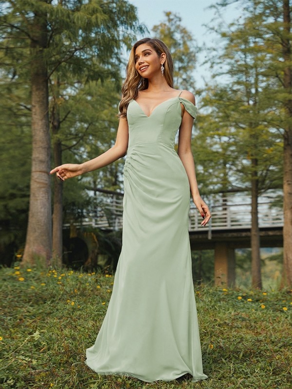 Sheath/Column Chiffon Ruched V-neck Sleeveless Floor-Length Bridesmaid Dresses 2910