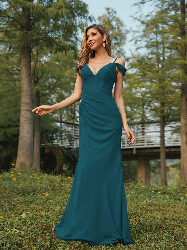 Sheath/Column Chiffon Ruched V-neck Sleeveless Floor-Length Bridesmaid Dresses 2910